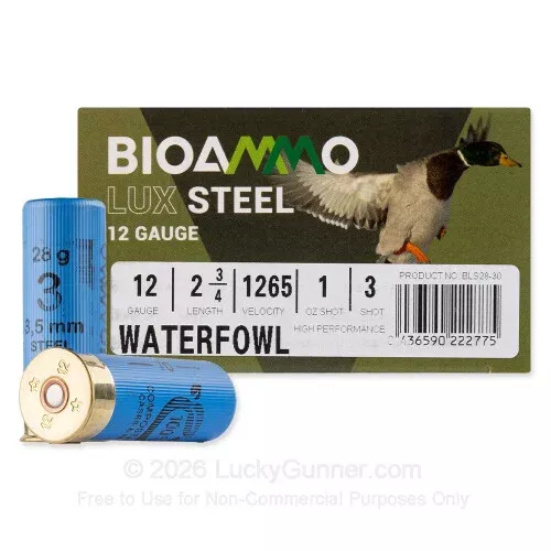 12 Gauge – 2-3/4″ 1oz. #3 Shot – BioAmmo Lux Steel – 250 Rounds
