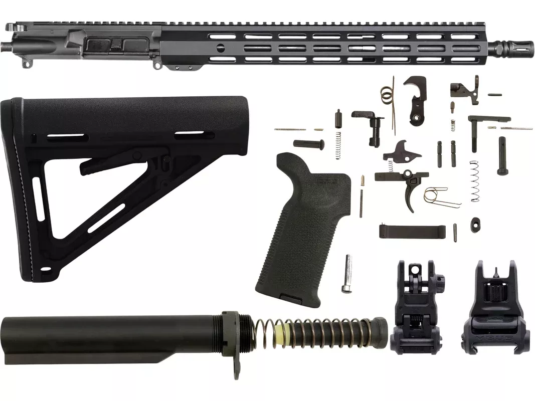 AR-STONER AR-15 Enhanced Build Kit with Upper Receiver Assembly 5.56x45mm NATO 16″ Barrel Mid Length 15″ M-LOK Handguard, Complete Lower Parts Kit with Magpul MOE Furniture and Sight Set Black