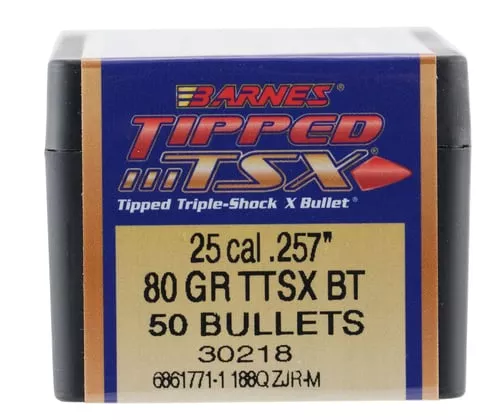 Barnes Bullets 30218 Tipped TSX25Cal 80gr Boat Tail 50/Box