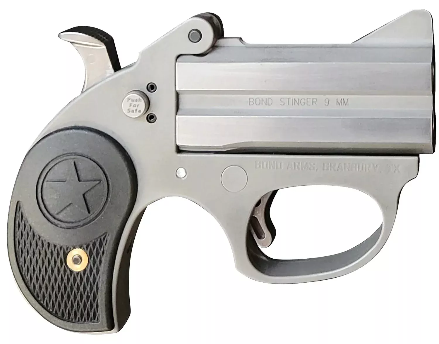 Bond Arms BASRS Stinger9mm Luger 2rd 2.5″ Matte Stainless Steel Double Barrel & Frame, Rebounding Hammer, Blade Front/Fixed Rear Sights, Black Rubber Grip, Manual Safety