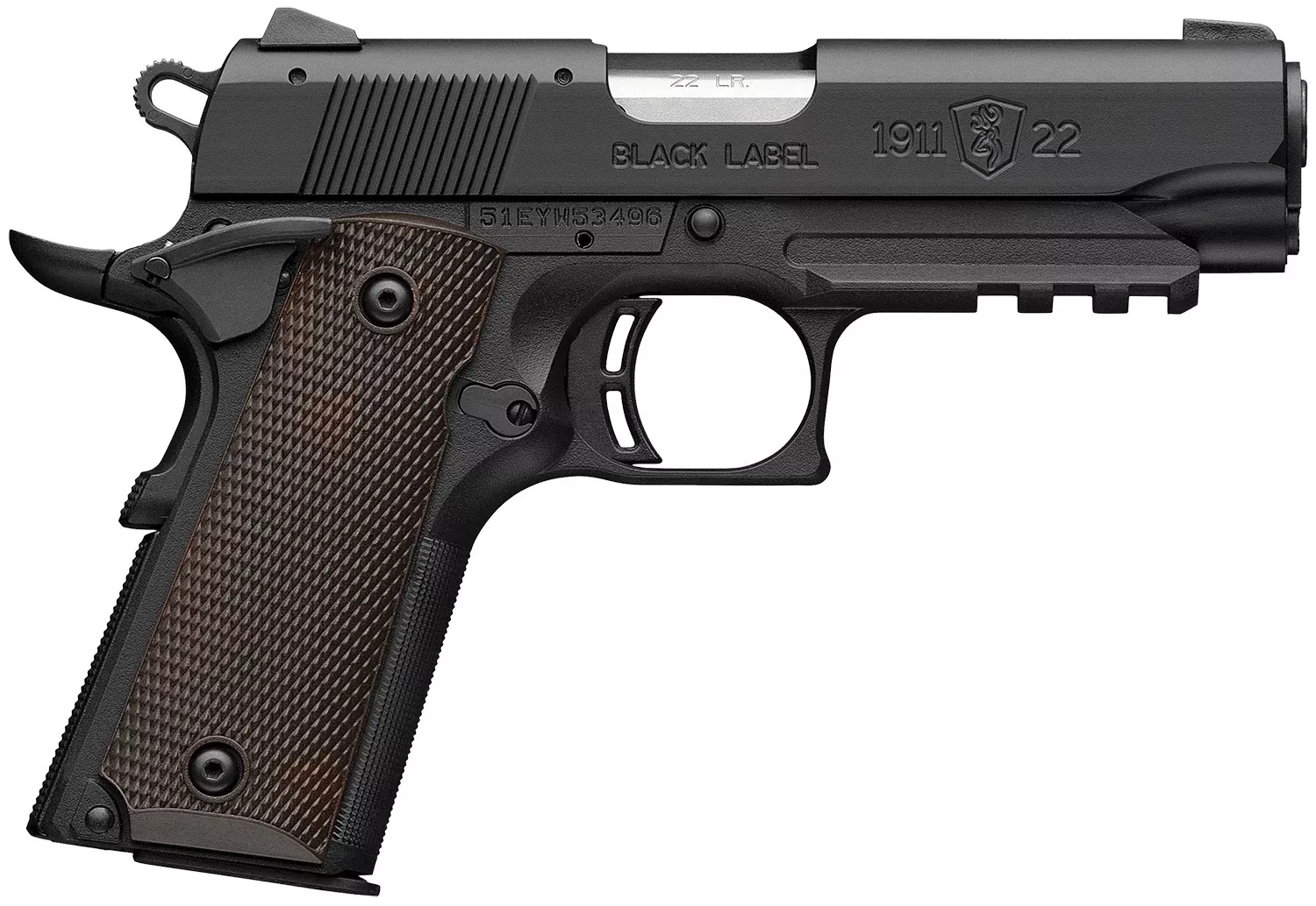 Browning 051066490 1911 Black Label Compact Frame 22 LR 10+1 3.63″ Stainless Steel Barrel, Matte Black Serrated Slide, Matte Black Aluminum Frame w/Picatinny Rail, Brown Composite Grip
