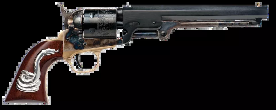Cimarron Man With No Name Conversion Revolver - 38 Long Colt, 7.5" Barrel, Blued & Case Hardened Finish, Walnut Grip with Snake Design