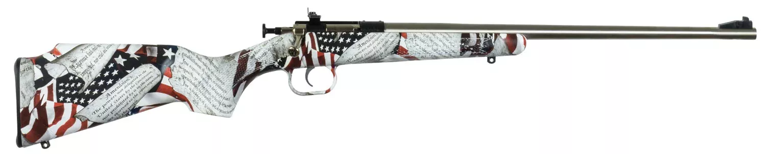 Crickett KSA3168 Youth22 LR 1rd 16.12″ Stainless Steel Barrel, Fixed Front/Adjustable Rear Peep Sights, American Flag/Amendment Synthetic Stock w/11.5″ LOP, Rebounding Firing Pin Safety