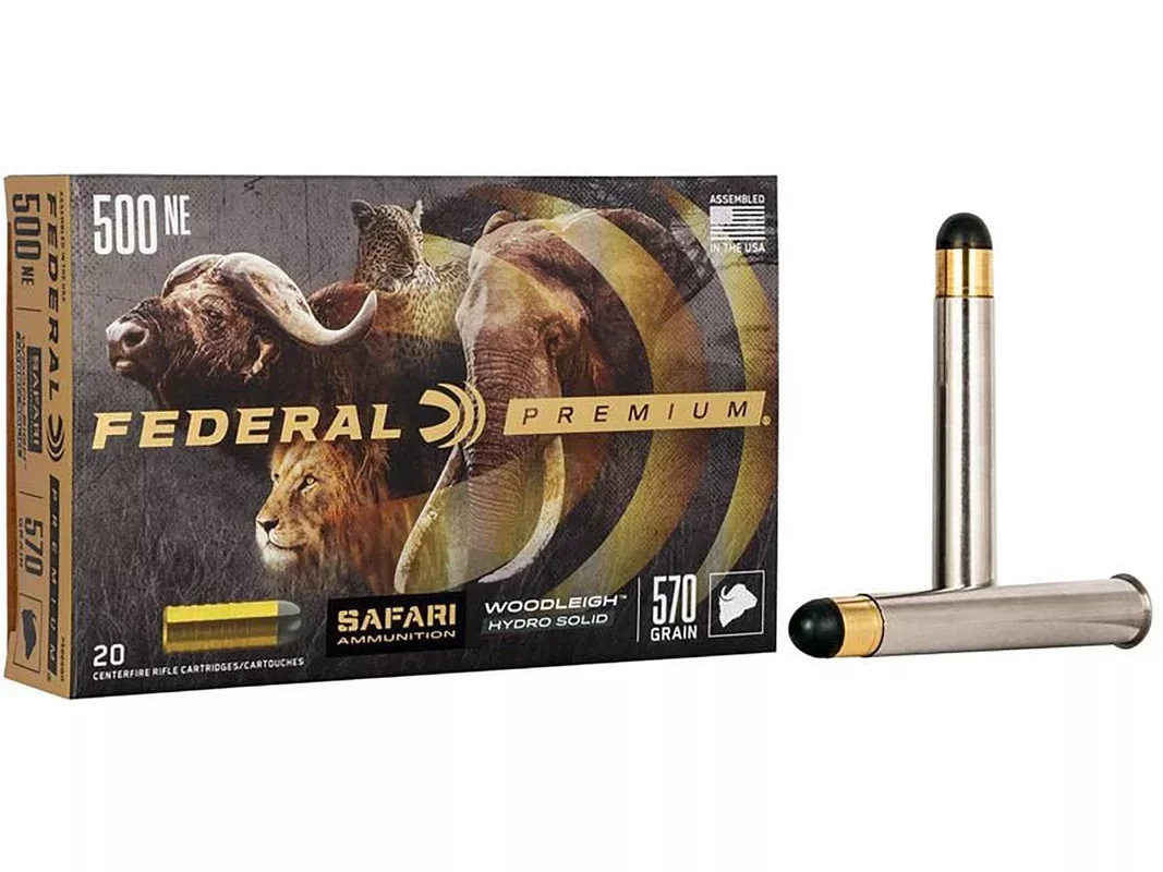Federal Premium Safari 500 Nitro Express 3″ Ammo 570 Grain Woodleigh Hydrostatically Stabilized Solid Solid Round Nose Box of 20