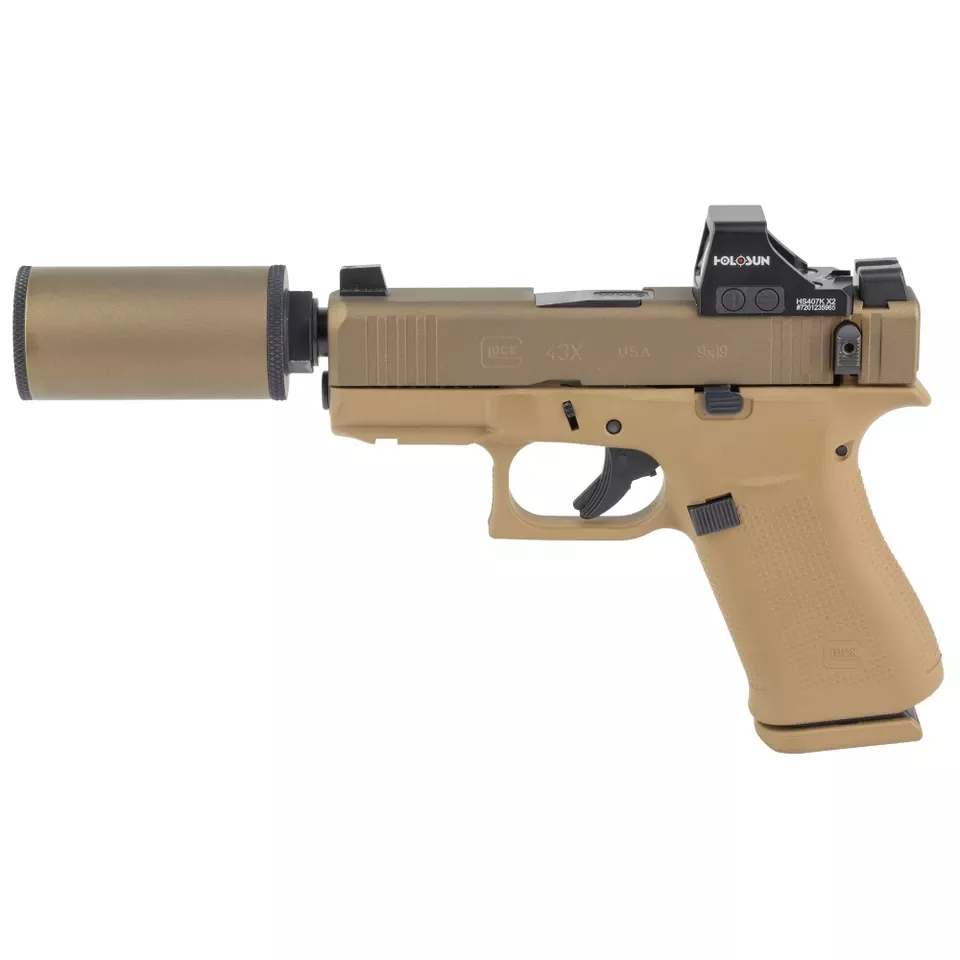 GLOCK 43X 9mm FDE w/ Holosun 407K & Hush Puppy Suppressor