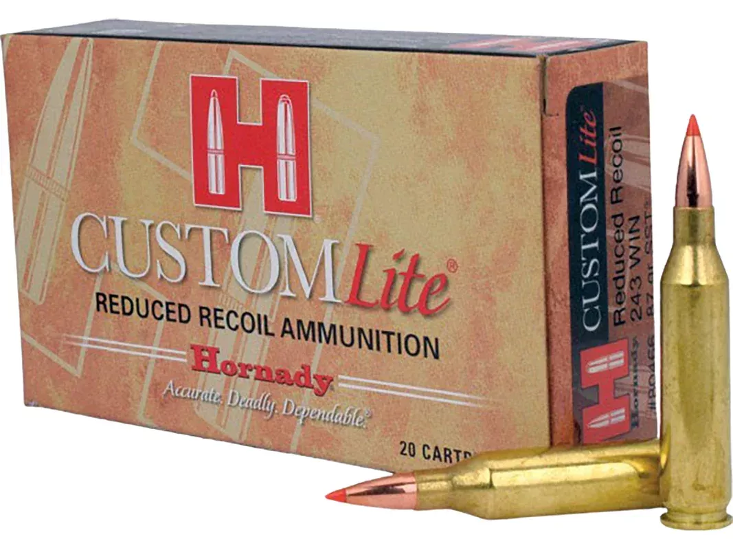 Hornady Custom Lite 243 Winchester Ammo 87 Grain Hornady SST (Super Shock Tip) Polymer Tip Box of 20
