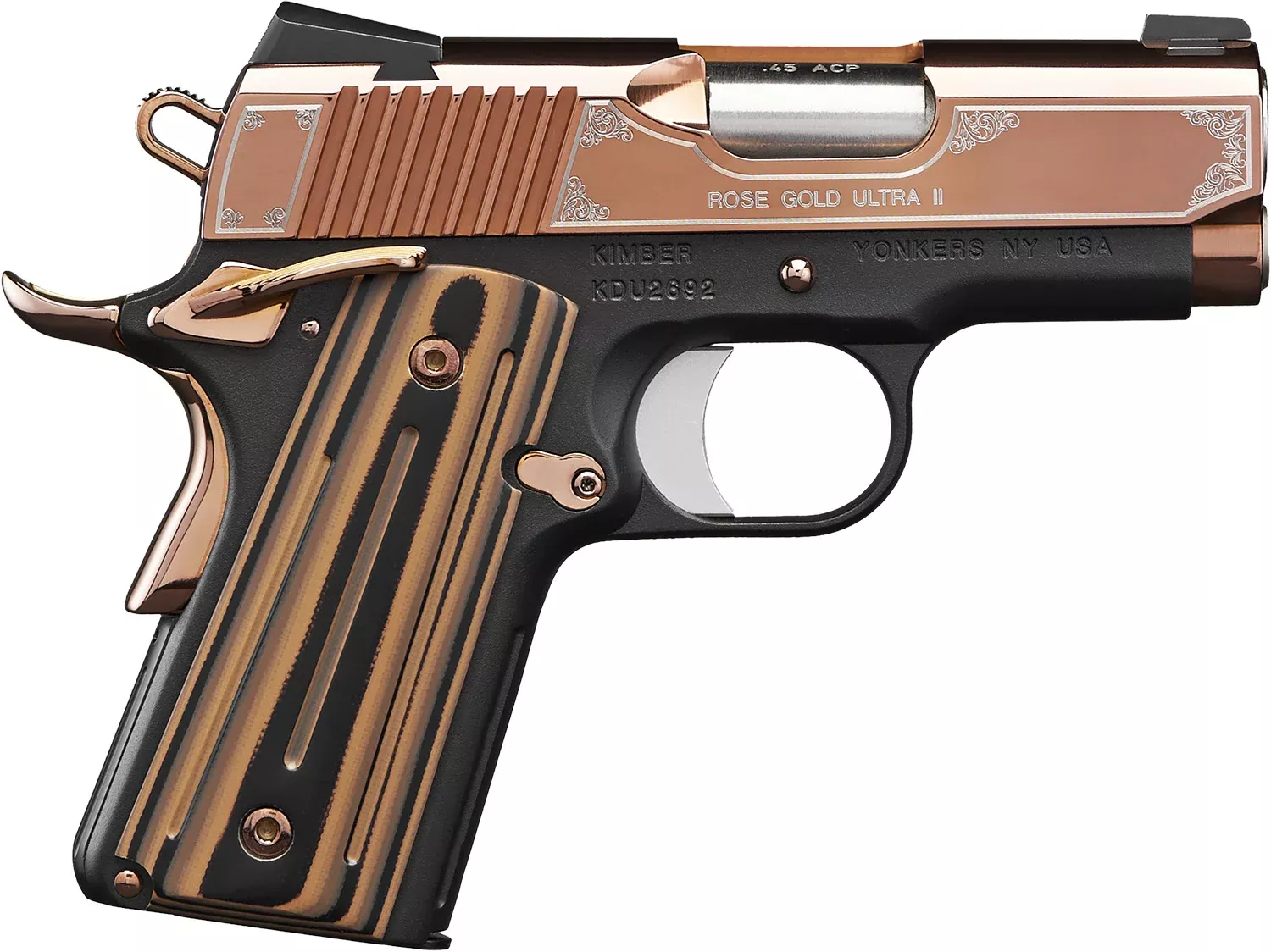 Kimber Mfg, Inc 3200373 Ultra II45 ACP 7+1 3″ Stainless Match Grade Barrel, Engraved Rose Gold PVD Serrated Stainless Steel Slide, Kimpro II Black Aluminum Frame w/Beavertail, G10 Grip