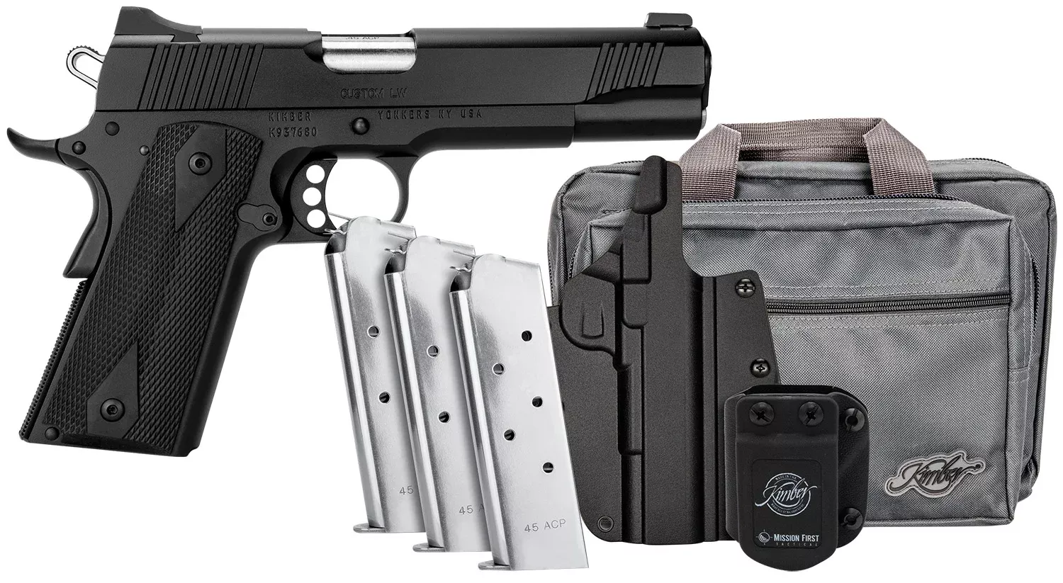 Kimber Mfg.,inc 3700812 Custom LW Club Bundle 45ACP 7+1 5″ Front Serrations Stainless Slide KimPro Black F/S Rubber Grip