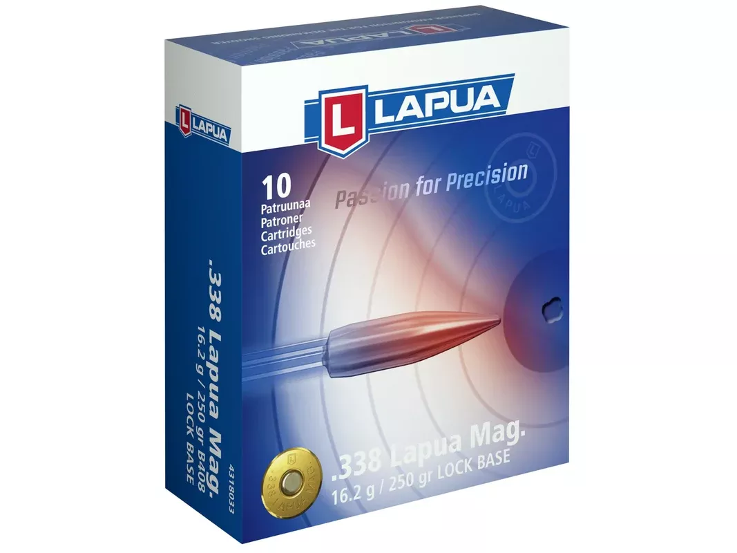 Lapua 338 Lapua Magnum Ammo 250 Grain Lapua Lock Base Full Metal Jacket Box of 10