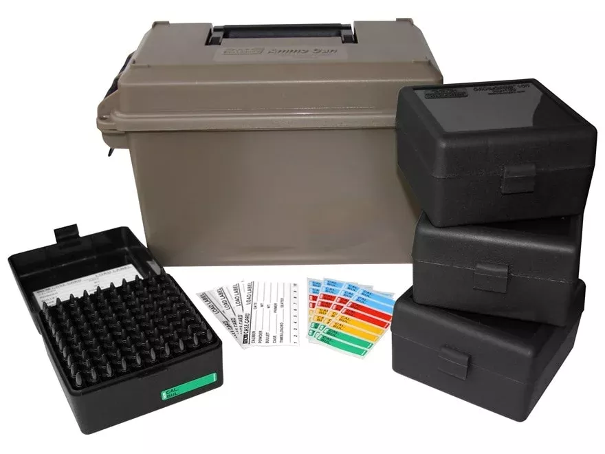 MTM Ammo Can Combo 50 Caliber Polymer Dark Earth with 4 Flip Top Ammo Boxes 17 Remington, 204 Ruger, 223 Remington 100-Round Polymer Black