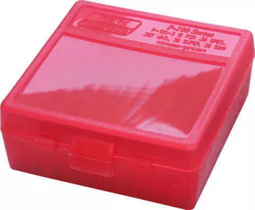 MTM Ammunition Box 100 Round Flip-Top 38 - 357 Clear Red P-100-3-29