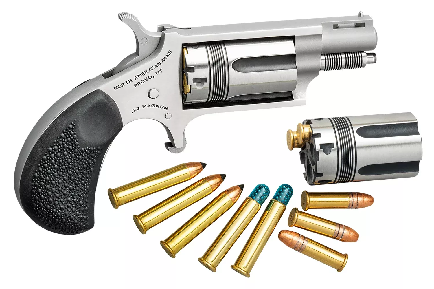 North American Arms 22MCTW Wasp Combo 22 LR/22 WMR 5 Shot 1.63″ Stainless Steel Vent Rib Barrel, Stainless Steel Frame & Cylinder, Black Pebbled Rubber Grip, Exposed Hammer