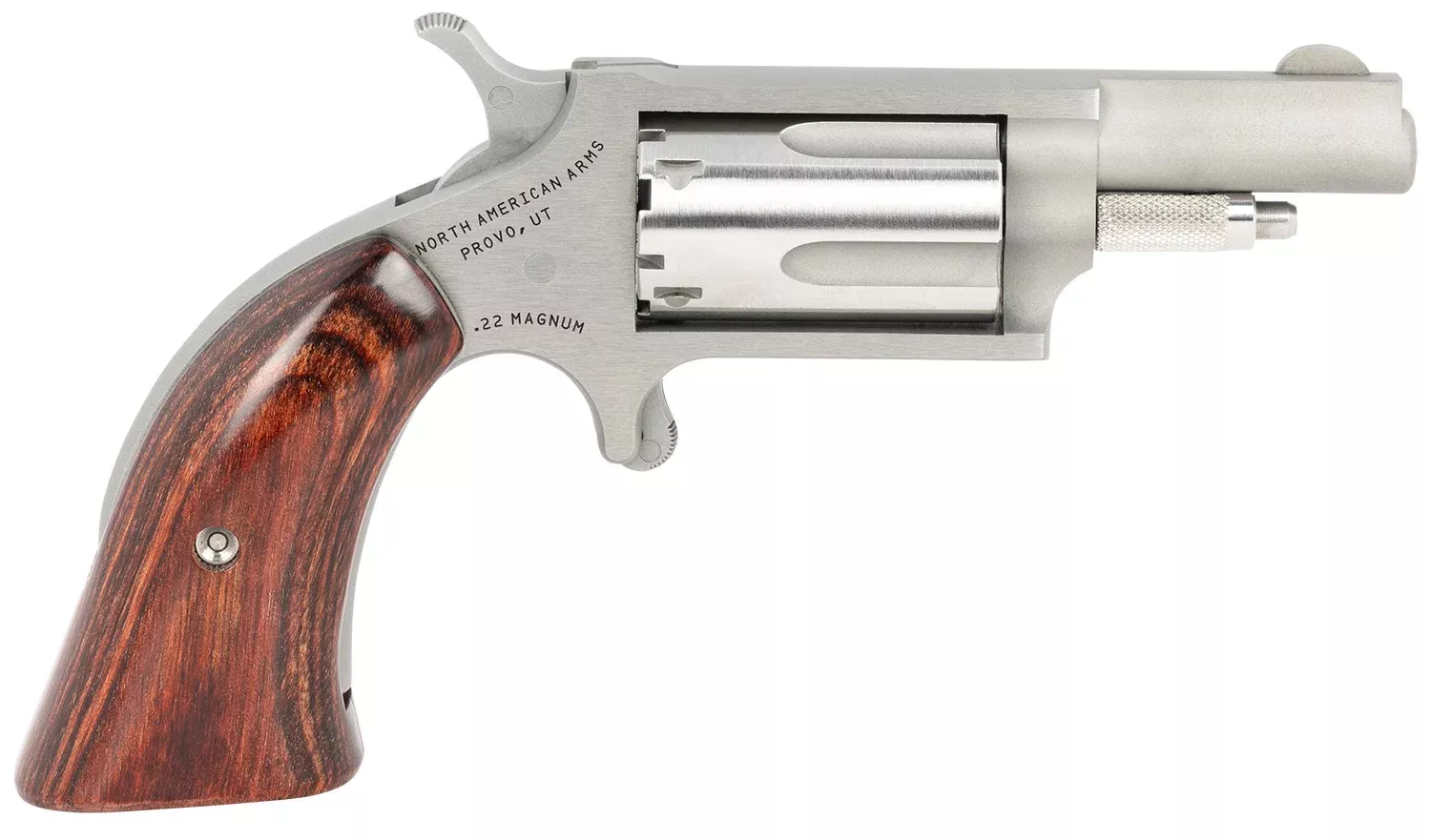 North American Arms 22MGBG Mini-RevolverSports South Exclusive 22 WMR 5 Shot 1.63″ Stainless Steel Barrel, Frame & Cylinder, Wood Boot Grip, Exposed Hammer