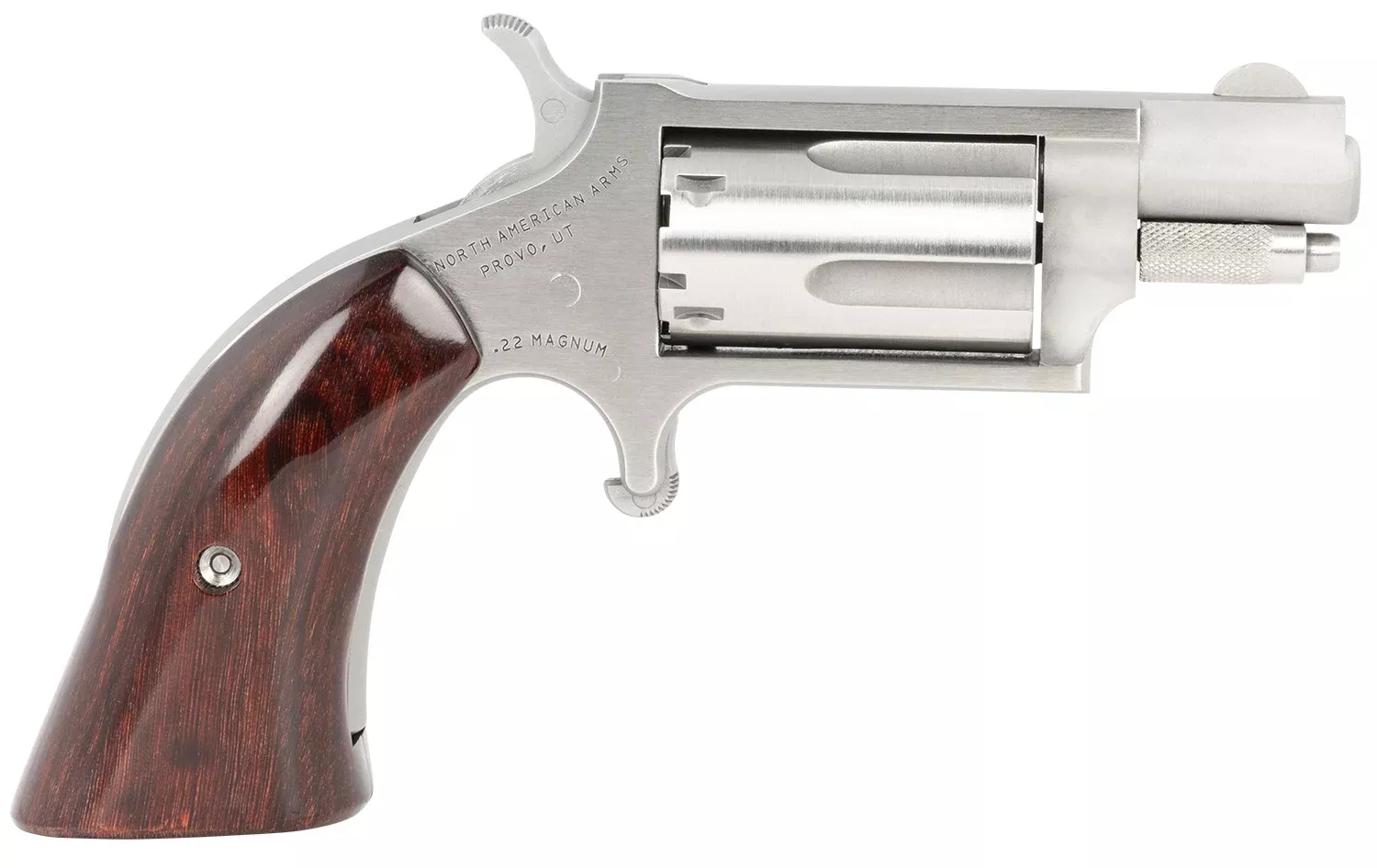 North American Arms 22MSGBG Mini-RevolverSports South Exclusive 22 WMR 5 Shot 1.13″ Stainless Steel Barrel, Frame & Cylinder, Wood Boot Grip, Exposed Hammer