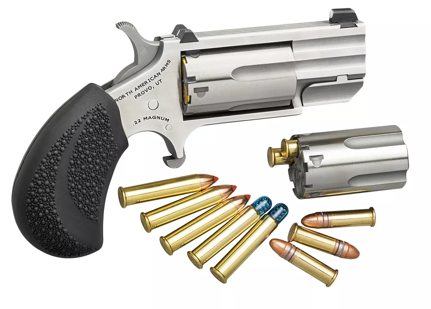 North American Arms PUGDC Pug Conversion 22 LR/22 WMR 5 Shot 1″ Stainless Steel Barrel, Stainless Steel Frame, Stainless Cylinder, Black Rubber Grip, Exposed Hammer, XS White Dot Sight