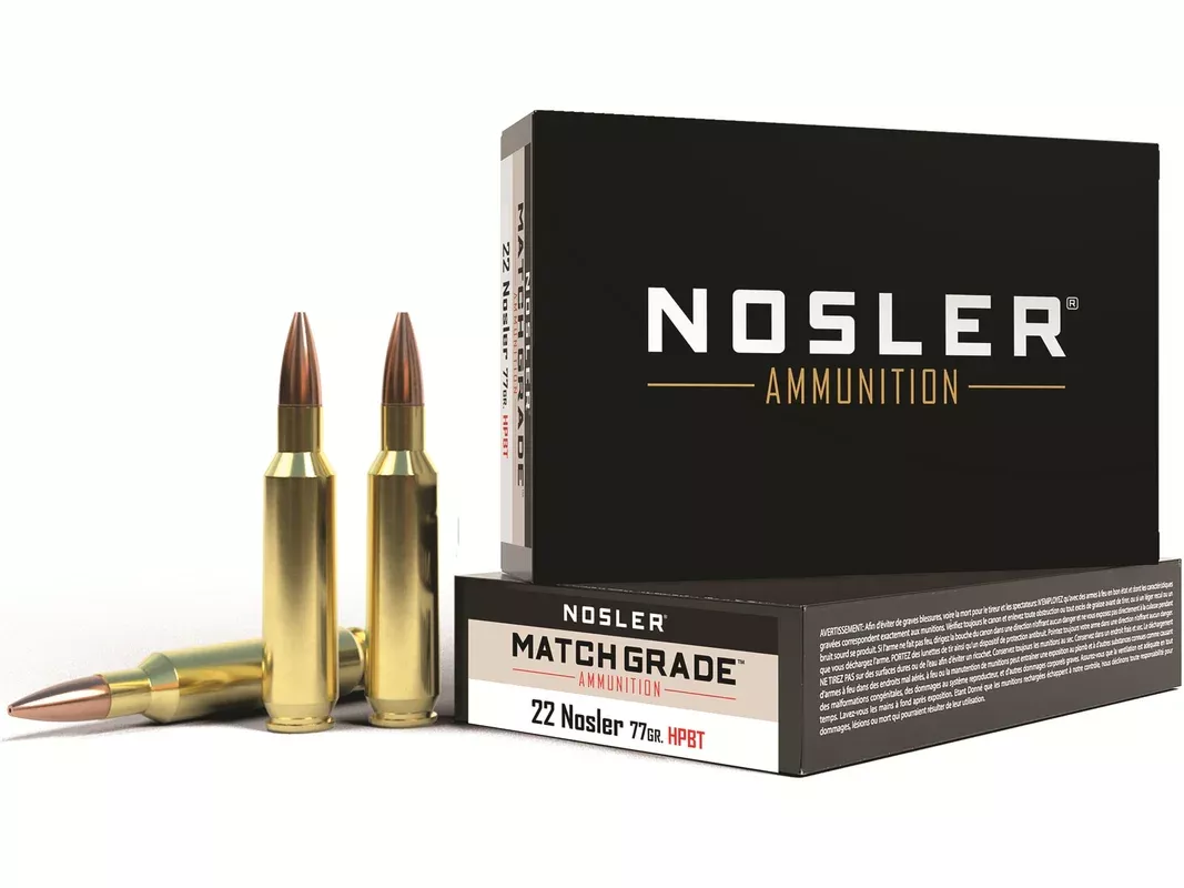 Nosler Match Grade 22 Nosler Ammo 77 Grain Nosler Custom Competition Jacketed Hollow Point Box of 20