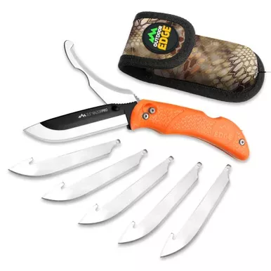 Outdoor Edge Razor Pro | Folding Knife | Plain Edge | 3.5″ Blades | 420J2 Stainless Steel | Orange Handle | Includes (6) Drop Point Blades and Gut Blade | RO-20C