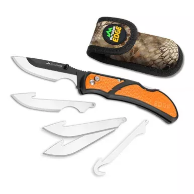 Outdoor Edge Razorcape | Folding Knife | Plain Edge | 3″ Blades | Black Oxide Finish | 420J2 Stainless Steel | Orange Handle | Includes (2) Caping Blades | (2) Drop Point Blades | and (1) Gutting Blade | RCB30-10C