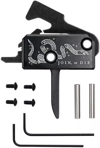 Rise Armament Super Sporting Trigger Join or Die Flat Trigger AFALSEdized Finish Black Includes Anti-Walk Pins RA-140F-JOD