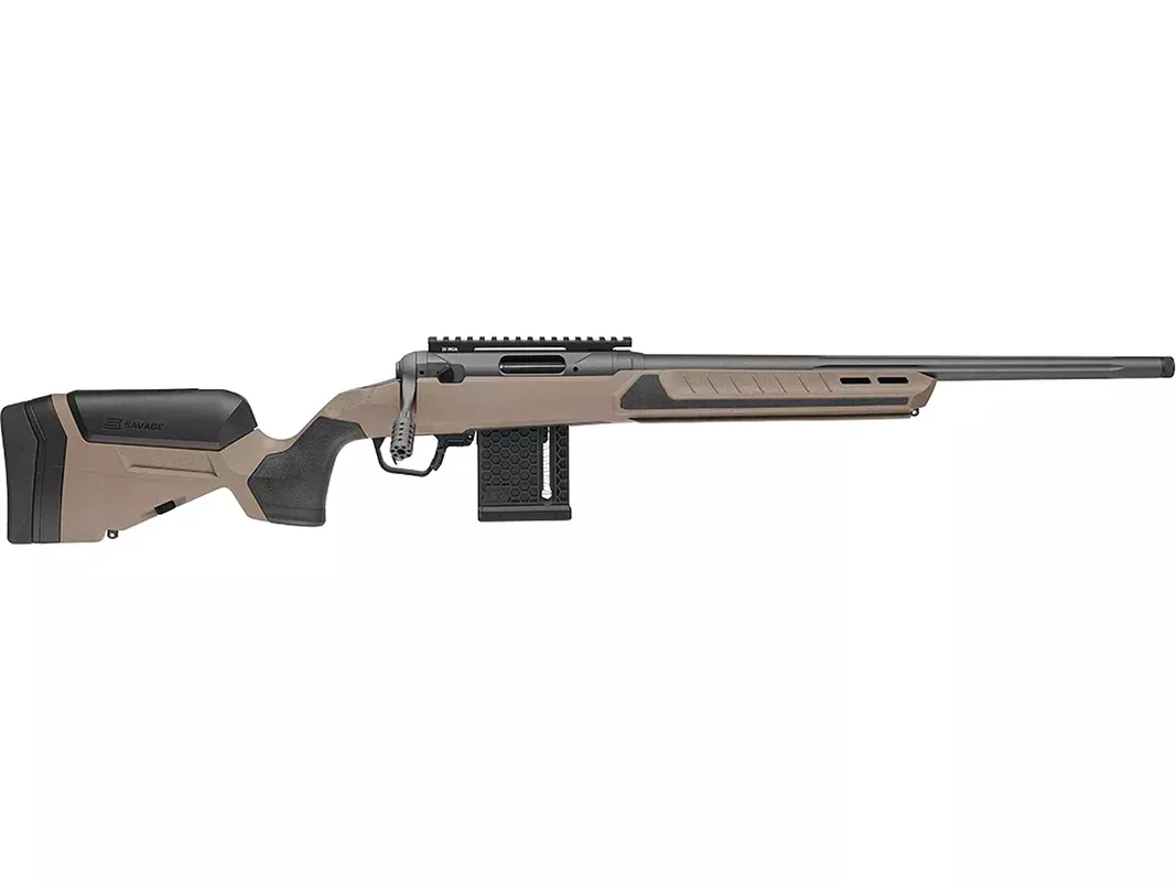 Savage Arms 110 RF Core Bolt Action Rifle 22 Long Rifle 20″ Fluted Black Threaded Barrel Black Frame Coyote Tan Field Stock