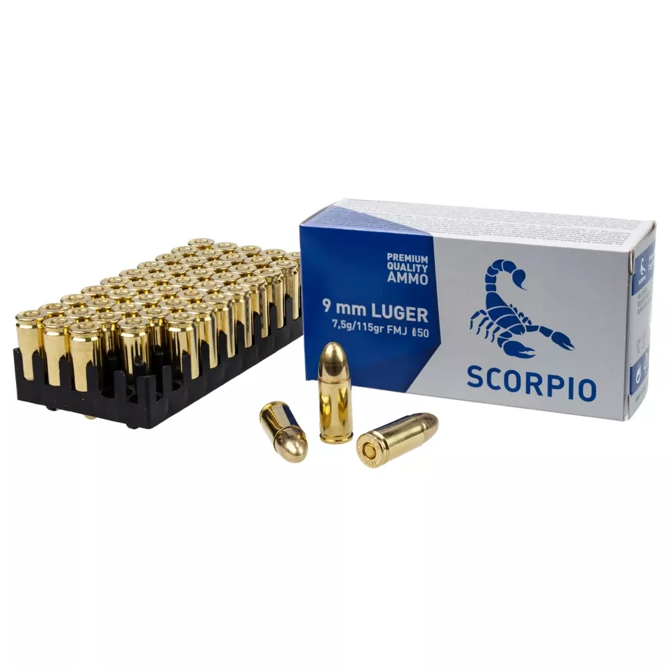 SCORPIO 9MM 115GR FMJ AMMUNITION - 50 ROUNDS/1000 ROUNDS BULK PACK