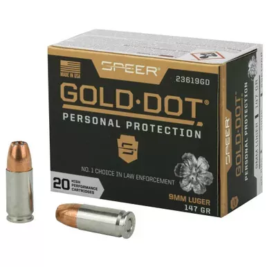 Speer Gold Dot Personal Protection 9mm Hollow Points | Ammo | Box Of 20 |147gr | Black / Gold | 23619GD | 9a