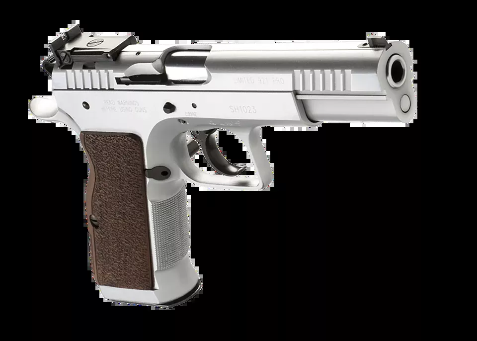 Tanfoglio Defiant Limited Pro 38 Super: 4.80" Barrel, 17+1 Capacity, Hard Chrome Finish, Beavertail Frame, Serrated Slide, Brown Polymer Grip