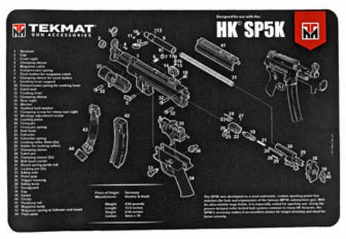 TekMat Pistol Mat For Heckler & Koch SP5K 11"x17" Black Includes Small Microfiber TekTowel Packed In Tube R17-HK-SP5K