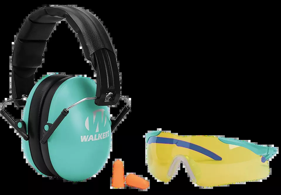 Youth/Women's Shooting Protection Set: Folding Muff, Foam Ear Plugs, Glasses - Black/Teal